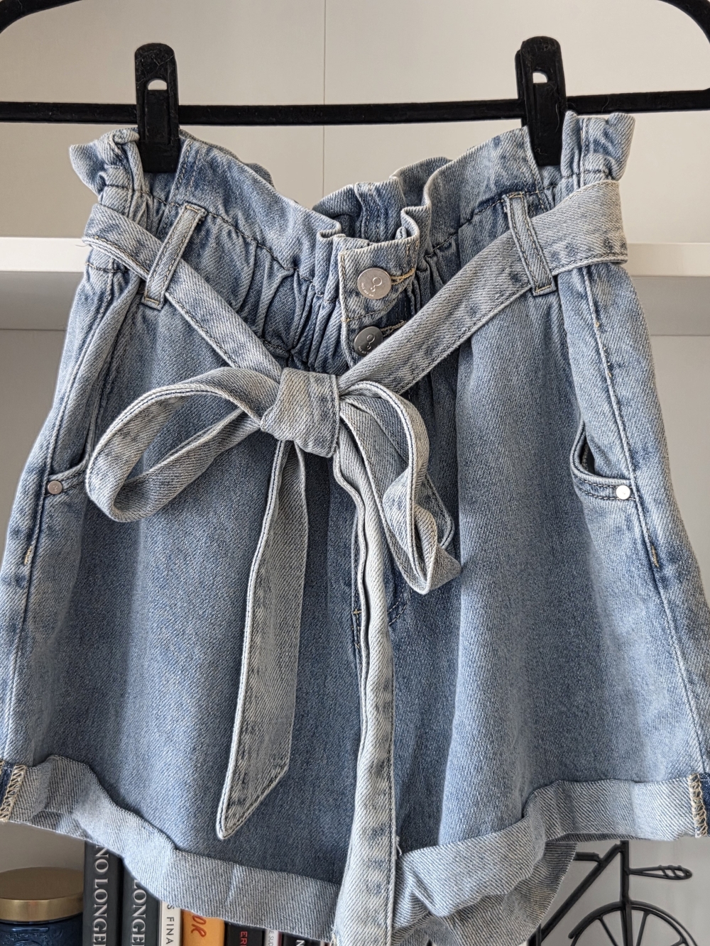 Light Blue Paperbag Tie-Waist Denim Shorts